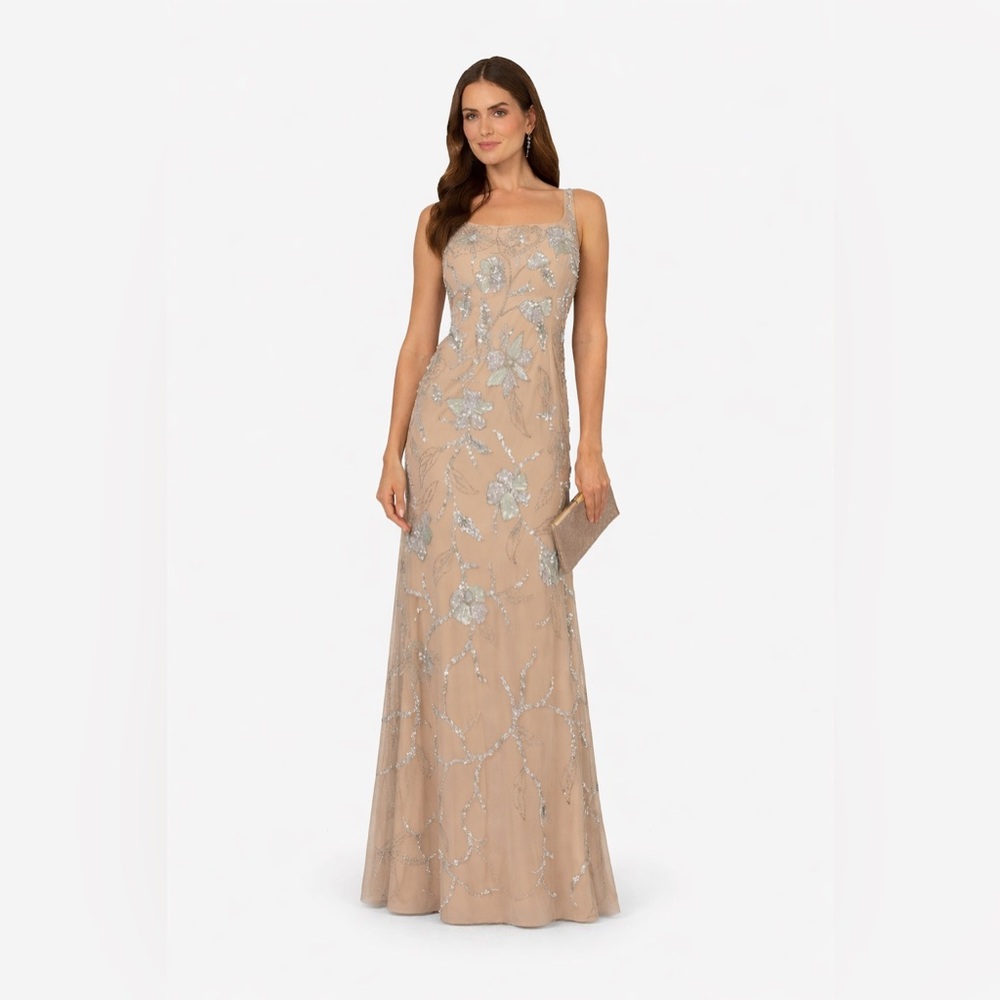 Adrianna Papell Beaded Gown Nude Silver Floral Evening Dress Size 8 NWT MOB GALA